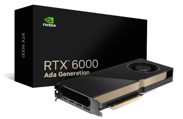 黑色NVIDIA RTX 6000 Ada Generation顯示卡與包裝盒產品展示圖；不代表本專題已採購或安裝。